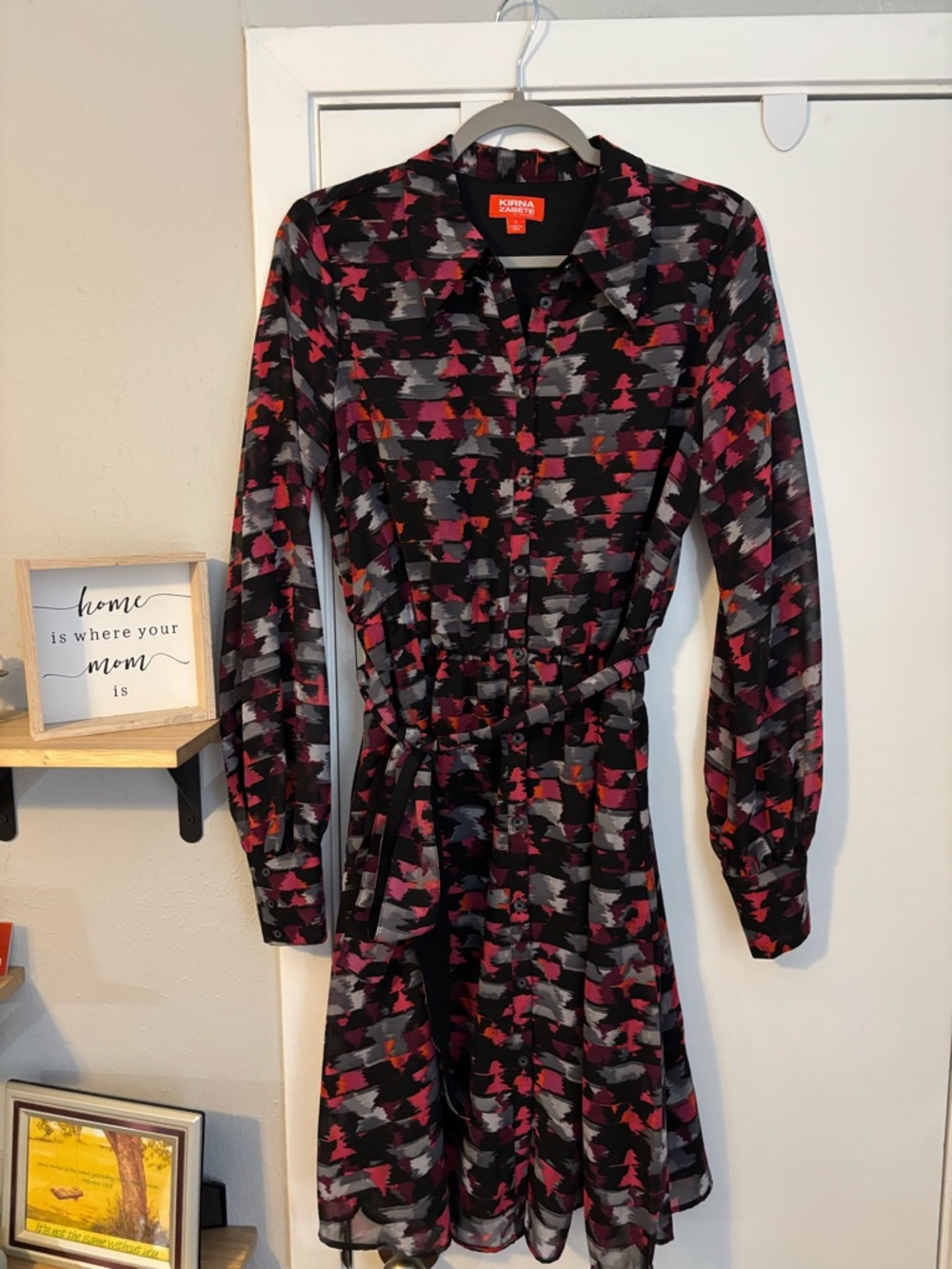 Kerna Zabete Black Pink Gray Abstract Button-Front Long Sleeve Shirt Dress